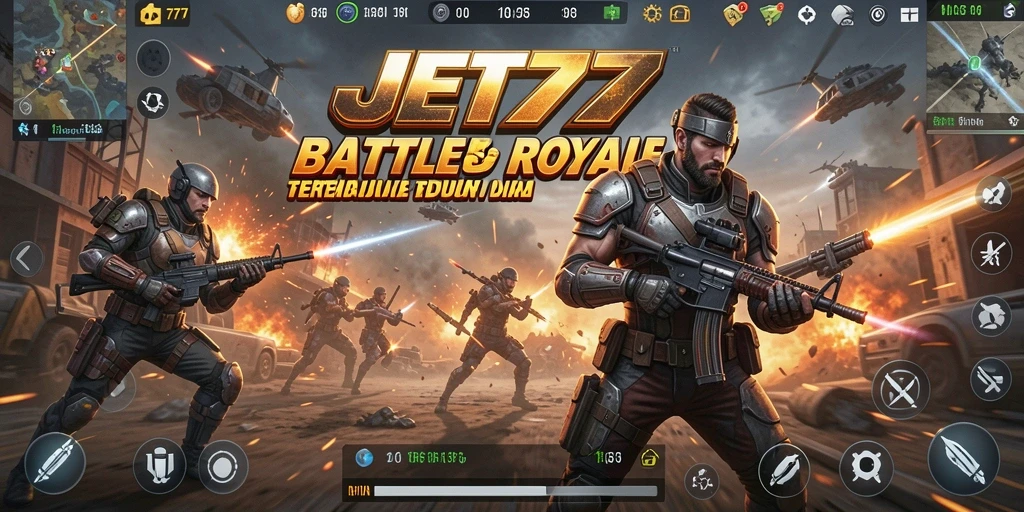 Screenshot gameplay JET77, menampilkan aksi seru pertempuran Battle Royale.